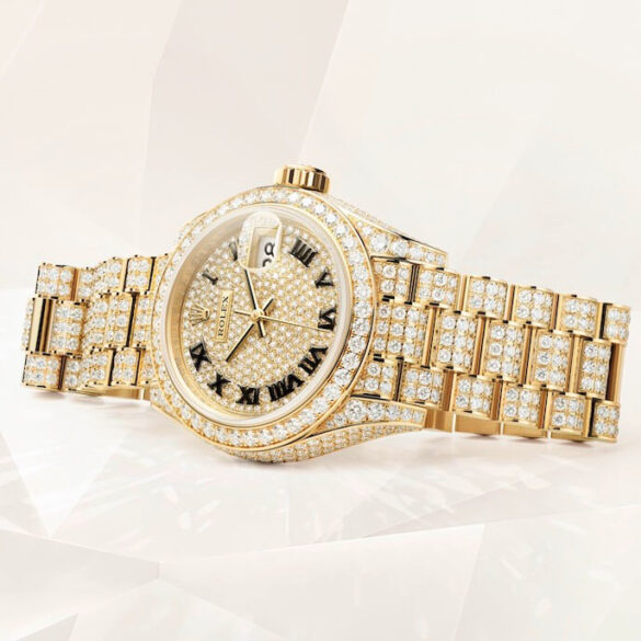 Oyster Perpetual Lady Datejust in 18 ct yellow gold with a diamond paved dial and a diamond set President bracelet 1