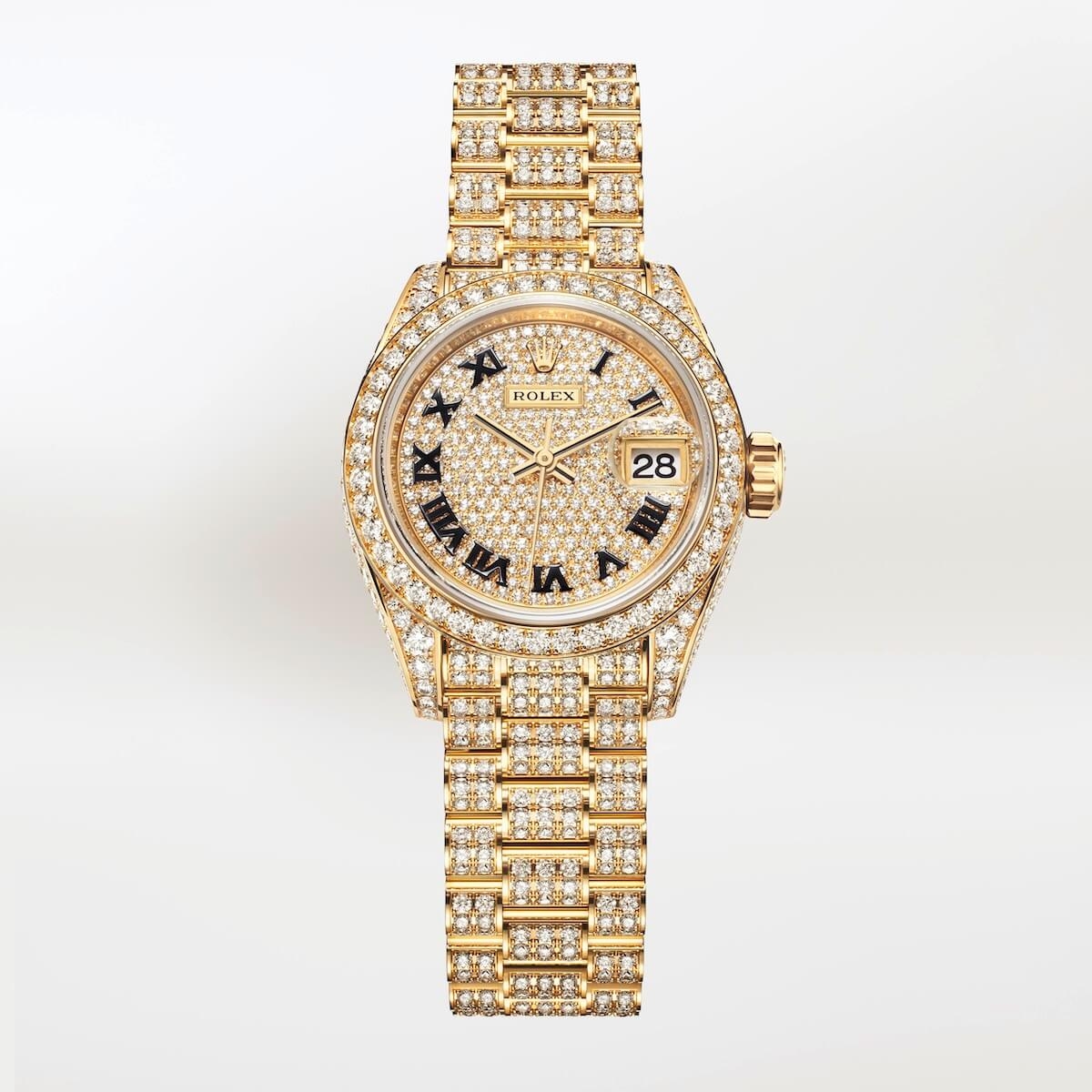 Oyster Perpetual Lady Datejust in 18 ct yellow gold with a diamond paved dial and a diamond set President bracelet 5