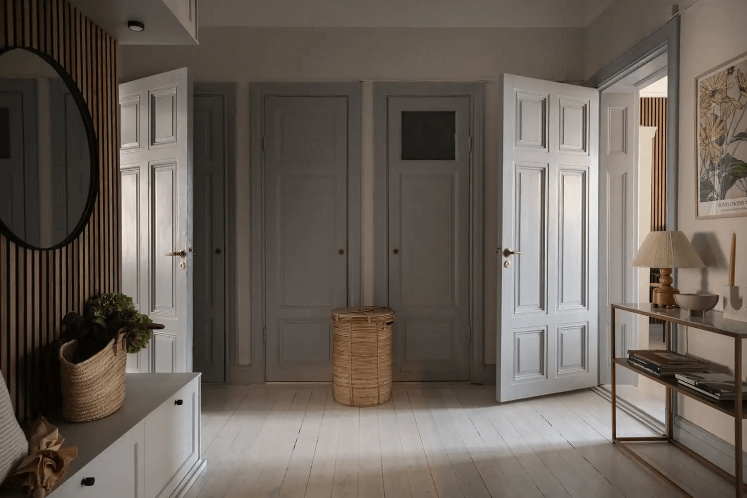 A historic apartment with a light grey kitchen and grey wainscoting